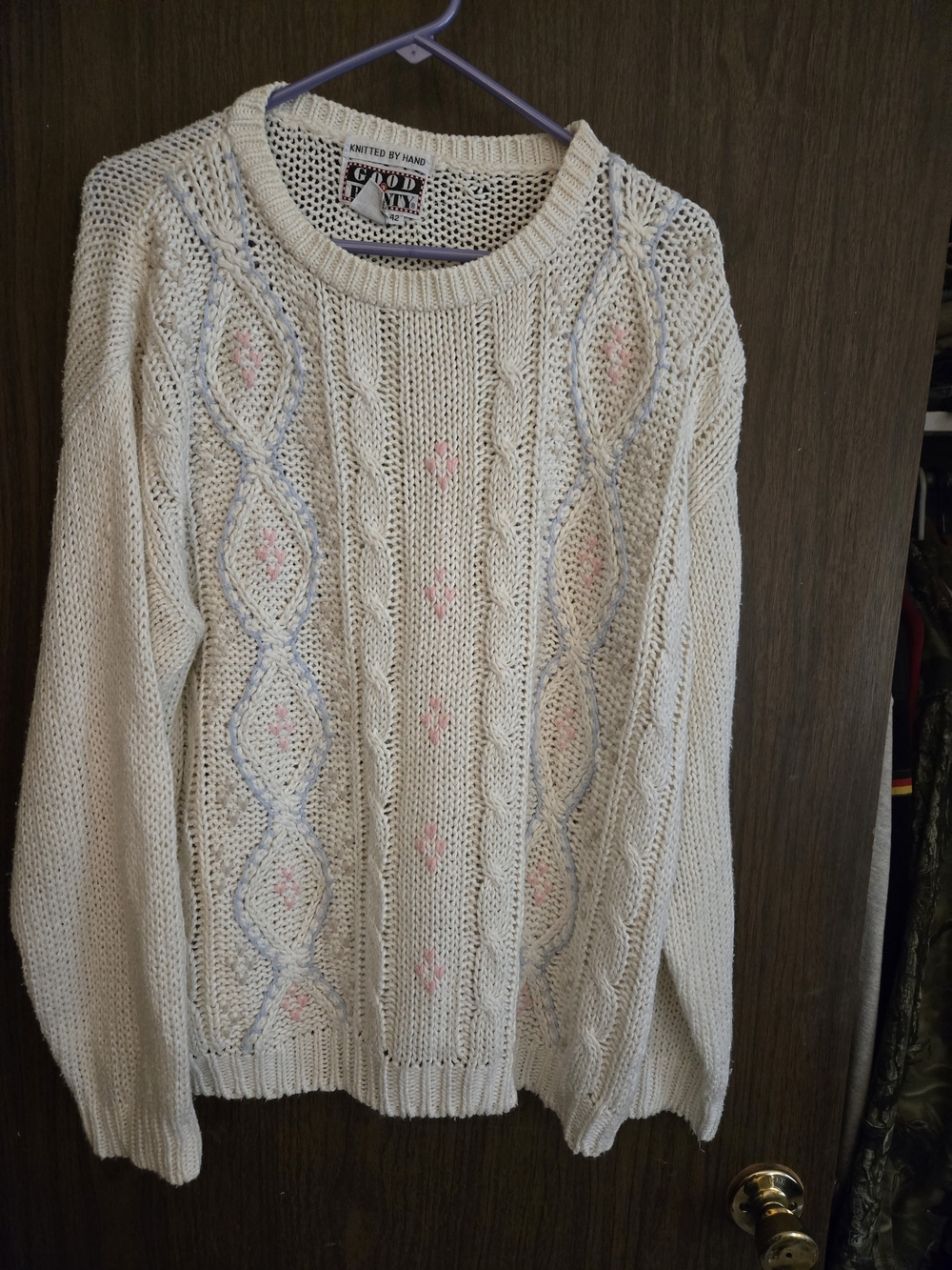 Vintage Cream Cable Knit Sweater with Pink & Light Blue Accents